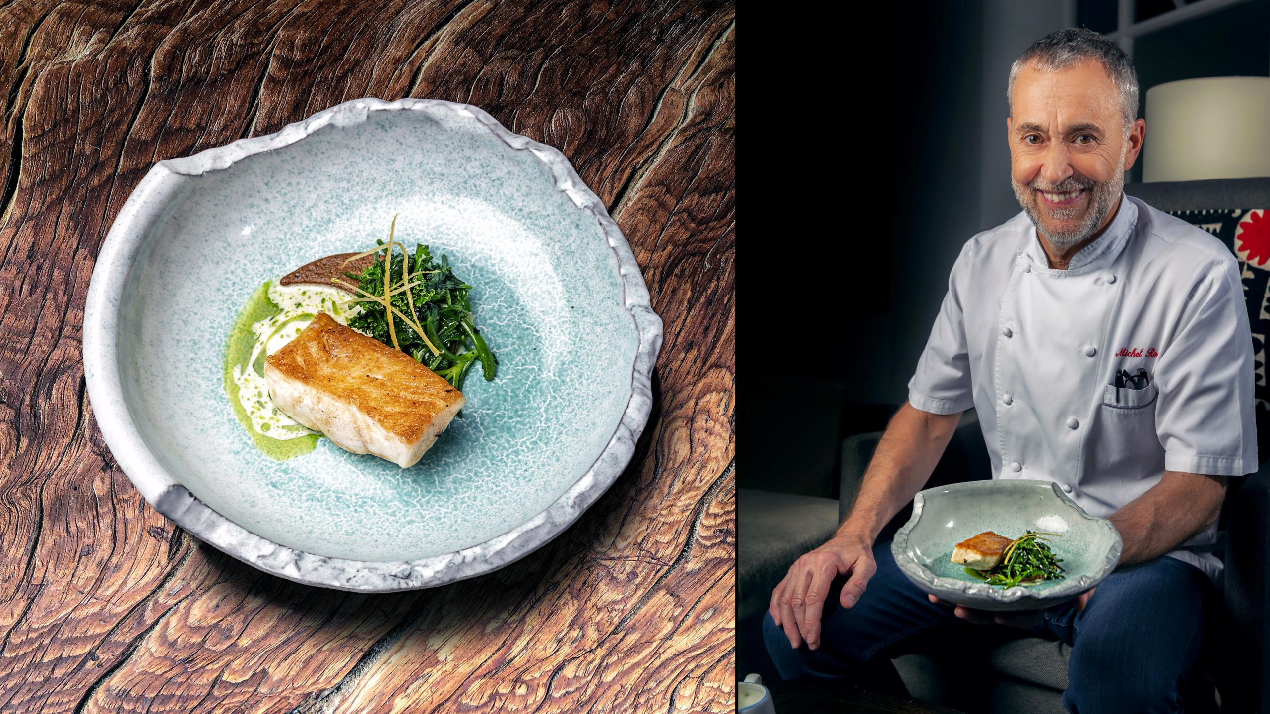 A portrait of the famous chef Michel Roux, sitting and holding one of his signature dishes, a fish dish presented on a beautiful blue plate. The image is divided in half: one side features a product shot (food photography) of his dish, while the other side showcases the portrait of the chef.