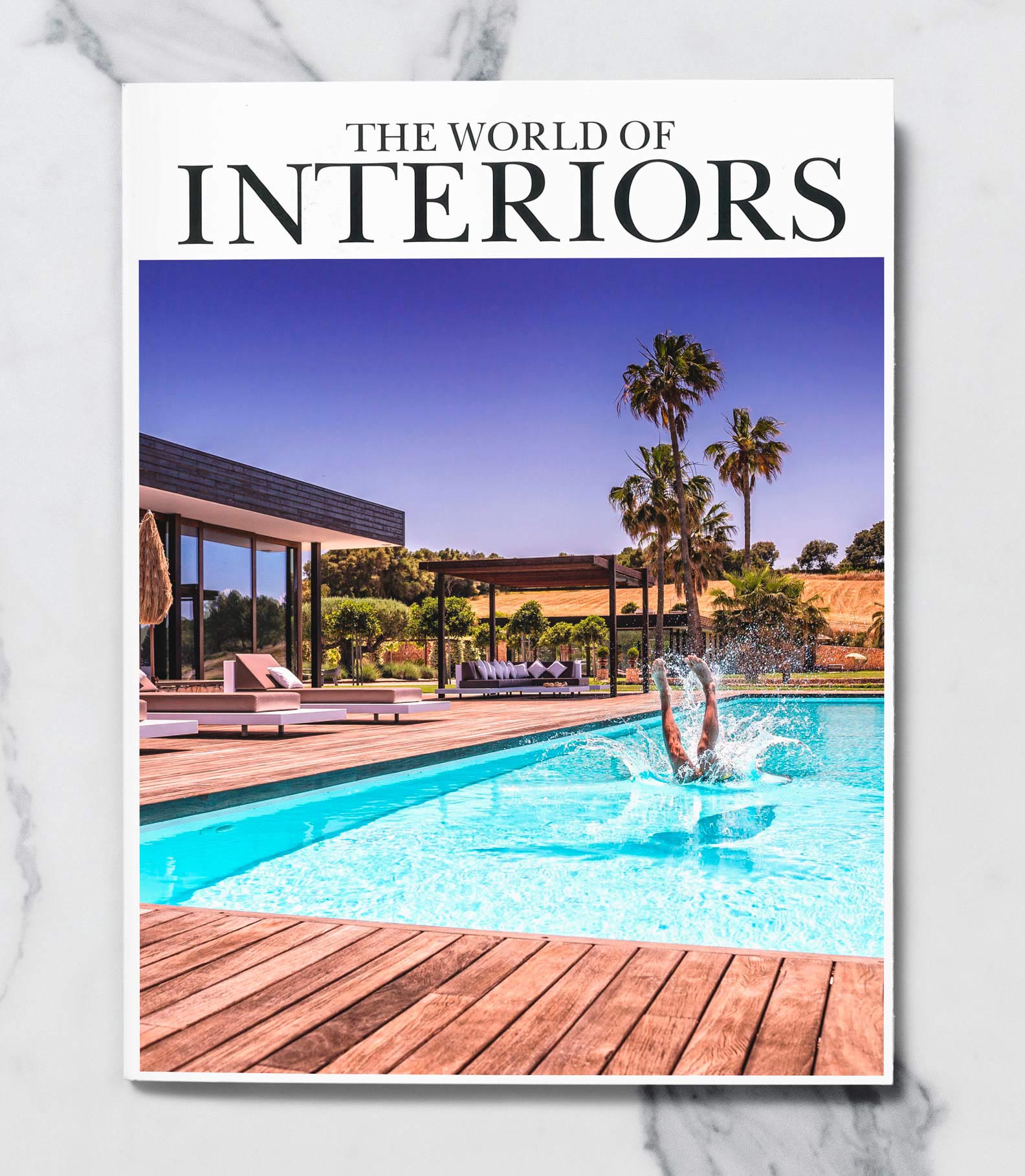 A magazine cover featuring an image captured by Wright Content. The photo depicts a person diving into a pool on the terrace of a modernist home, surrounded by palm trees and rolling hills. The glass-box design of the home creates a striking backdrop.